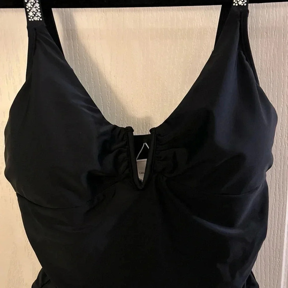 Women’s Black One Piece Bathing Suit Sz Large W/Adjustable Embellished Straps - Picture 2 of 6